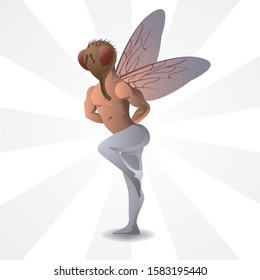 A man in a fly insect costume dances on an isolated background. Vector image. esp 10
