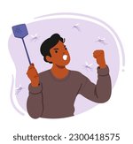Man With Fly Swatter Aggressively Hits Mosquito In Mid-air, Causing It To Fall To The Ground Lifeless. Male Character Fighting with Insects, Protecting from Bites. Cartoon People Vector Illustration