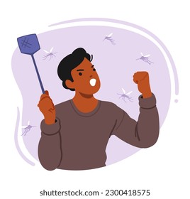 Man With Fly Swatter Aggressively Hits Mosquito In Mid-air, Causing It To Fall To The Ground Lifeless. Male Character Fighting with Insects, Protecting from Bites. Cartoon People Vector Illustration