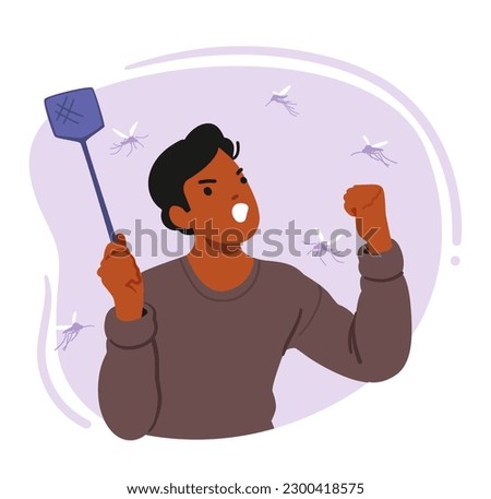 Man With Fly Swatter Aggressively Hits Mosquito In Mid-air, Causing It To Fall To The Ground Lifeless. Male Character Fighting with Insects, Protecting from Bites. Cartoon People Vector Illustration Foto stock © 