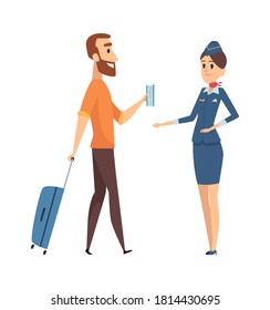 Mann mit Flugticket. Cartoon-Typ, der mit Gepäck an Bord geht. Stewardess und Passagier, einzelne Vektorgrafiken
