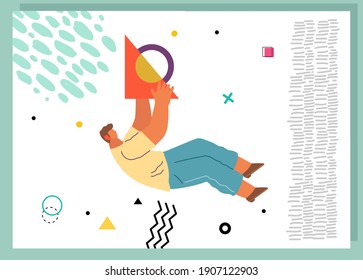 A man flying in abstract imaginary space organizing geometric shapes. Person in a pose of movement collecting figures. Teamwork and team building organization concept. Modern business illustration