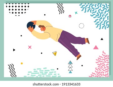 A man flying in abstract imaginary space organizing geometric shapes. Person in a pose of movement collecting figures. Teamwork and team building organization concept. Modern business illustration