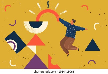 A Man Flying In Abstract Imaginary Space Organizing Geometric Shapes. Person In A Pose Of Movement Collecting Figures. Teamwork And Team Building Organization Concept. Modern Business Illustration