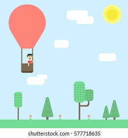 Man flying in the air balloon. Blue sky with clouds and sun. Landscape. 