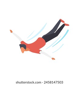 Man flying in air with open arms, male character planning to land vector illustration