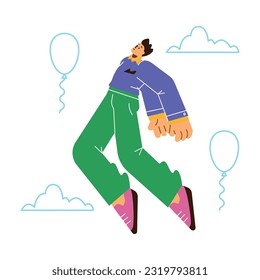 Man flying among clouds and balloons, flat vector illustration isolated on white background. Flying man character for joy, happiness and celebration concept.