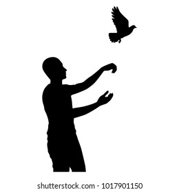 The man with flying bird silhouette vector. Liberal concept.