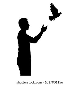 The man with flying bird silhouette vector. Liberal concept.