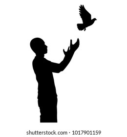 The Man With Flying Bird Silhouette Vector. Liberal Concept.