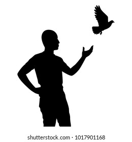 The man with flying bird silhouette vector. Liberal concept.