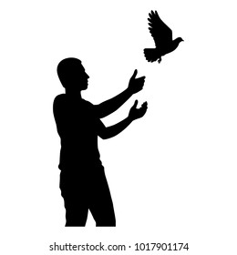 The man with flying bird silhouette vector. Liberal concept.