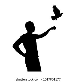 The man with flying bird silhouette vector. Liberal concept.