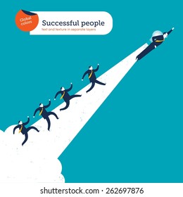 Man flying with a bulb rocket creating a path with businessmen running on it.  Vector illustration Eps10 file. Global colors. Text and Texture in separate layers.