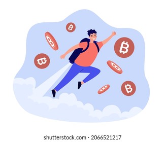 Man flying up by rocket in backpack into sky with bitcoins. Person investing in crypto currency flat vector illustration. Cryptocurrency startup concept for banner, website design or landing web page