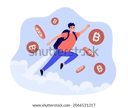 Man flying up by rocket in backpack into sky with bitcoins. Person investing in crypto currency flat vector illustration. Cryptocurrency startup concept for banner, website design or landing web page