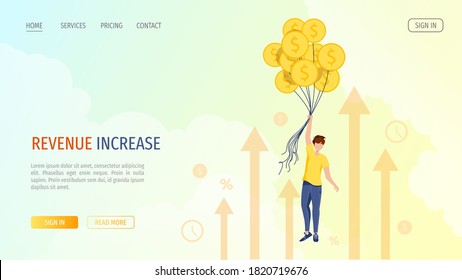 Man flying up with coins like on balloons. Profit, income, prosperity, financial success, business, investment concept. Vector illustration for banner, poster, website.