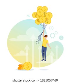 Man flying up with coins like on balloons. Profit, income, prosperity, financial success, business, investment concept. Isolated vector illustration for banner, poster, advertising.