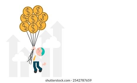 Hombre volando con monedas como en globos. Beneficio, ingresos, prosperidad, éxito financiero, negocio, concepto de inversión. Ilustración vectorial para el Anuncio, cartel, Sitio web.