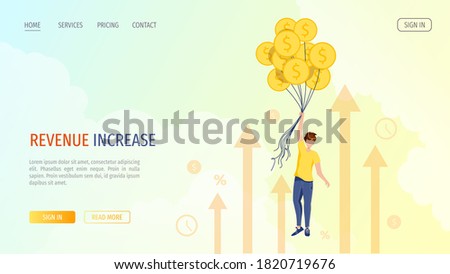 Man flying up with coins like on balloons. Profit, income, prosperity, financial success, business, investment concept. Vector illustration for banner, poster, website.