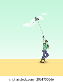 A man flying a colorful kite high into the clouds. Hand drawn vector illustration.