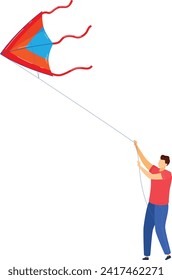 Man flying a colorful kite on a clear day. Recreational outdoor activity, leisure time. Outdoor fun and spring activities vector illustration.