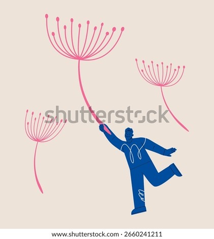 Man flying with dandelions. Freedom concept. Colorful vector illustration 