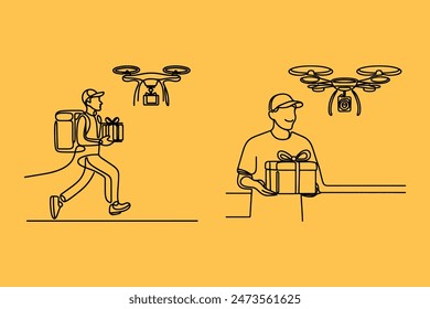 a man flying a delivery drone, delivering a gift box, with a smile on his face,