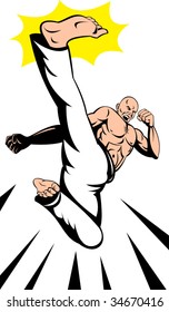 Man flying and  doing a high karate kick