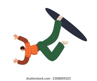 Man flying down, coming out through black hole, pit. Happy excited person enthusiast exploring, discovering. Breakthrough concept. Flat graphic vector illustration isolated on white background