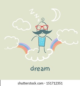man flying in a dream clouds with rainbows