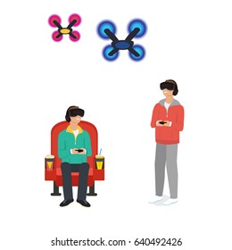 A man flying drone with remote control. Drone racing concept. Vector flat design illustration on background. -stock vector