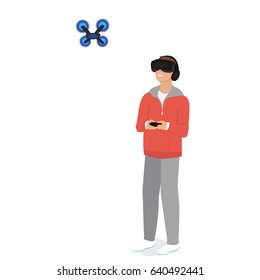 A man flying drone with remote control. Drone racing concept. Vector flat design illustration on background. -stock vector
