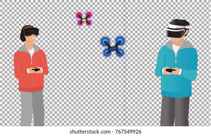 A man flying drone with remote control on transparent background. Drone racing concept. Vector flat design illustration. -stock vector