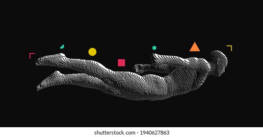 Man is flying or falling in the air. Voxel art illustration. Virtual reality simulator for game industry. Vector.