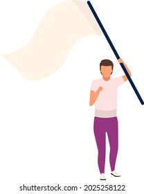 Hombre con carácter vector de color semiplano de bandera ondulante. Cifras. Persona de cuerpo entero sobre blanco. Demostración pública aislada ilustración de estilo de caricatura moderno para diseño gráfico y animación