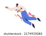 Man flying, floating in air. Creative energy, imagination, aspiration, inspiration concept. Inspired happy office worker in free flight. Flat graphic vector illustration isolated on white background