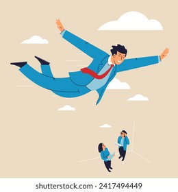 Man flying, floating in air. Overcome difficulty, courage and bravery business, free fly in the sky with motivation to success. Enthusiasm vector concept.