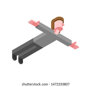 Man is flying. Guy spread his arms to sides and flies