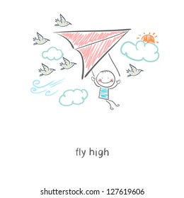 Man flying a hang glider. Illustration.