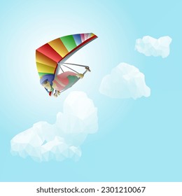 A man flying a hang glider over a cloudy sky. Vector illustration. 