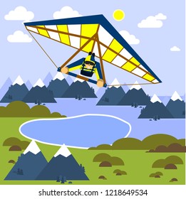 Man is flying a hang glider. Style flat. Vector illustration.