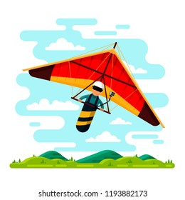 Man flying hang glider. Vector flat style design illustration. Hang gliding extreme air sport concept.