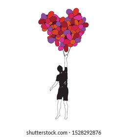 Man flying with heart from balloons. Kindness and love concept