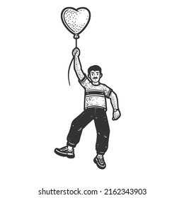 Man Flying In Heart Shaped Balloon Sketch Engraving Vector Illustration. T-shirt Apparel Print Design. Scratch Board Imitation. Black And White Hand Drawn Image.