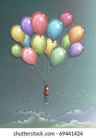 Man flying high in the air using big colorful balloons to lift himself up
