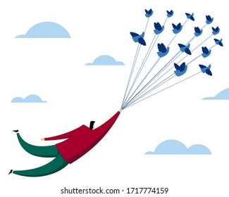 Man flying and holding birds
