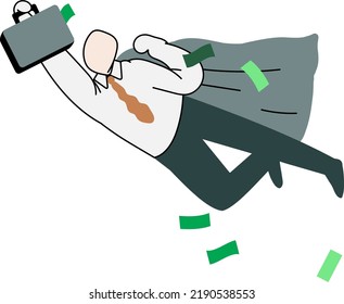 Вusiness man is flying holding a case, money is falling out. Superhero in a shirt. Successful investment. Web vector illustration. Banner background.