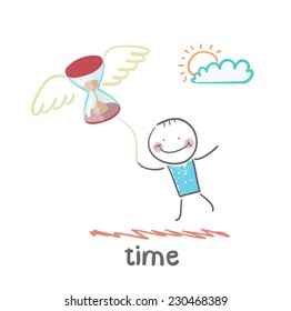 man flying with an hourglass