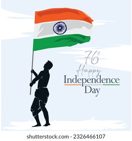 hombre que vuela la bandera india vector de fondo blanco. Ilustración. Feliz Día de la Independencia